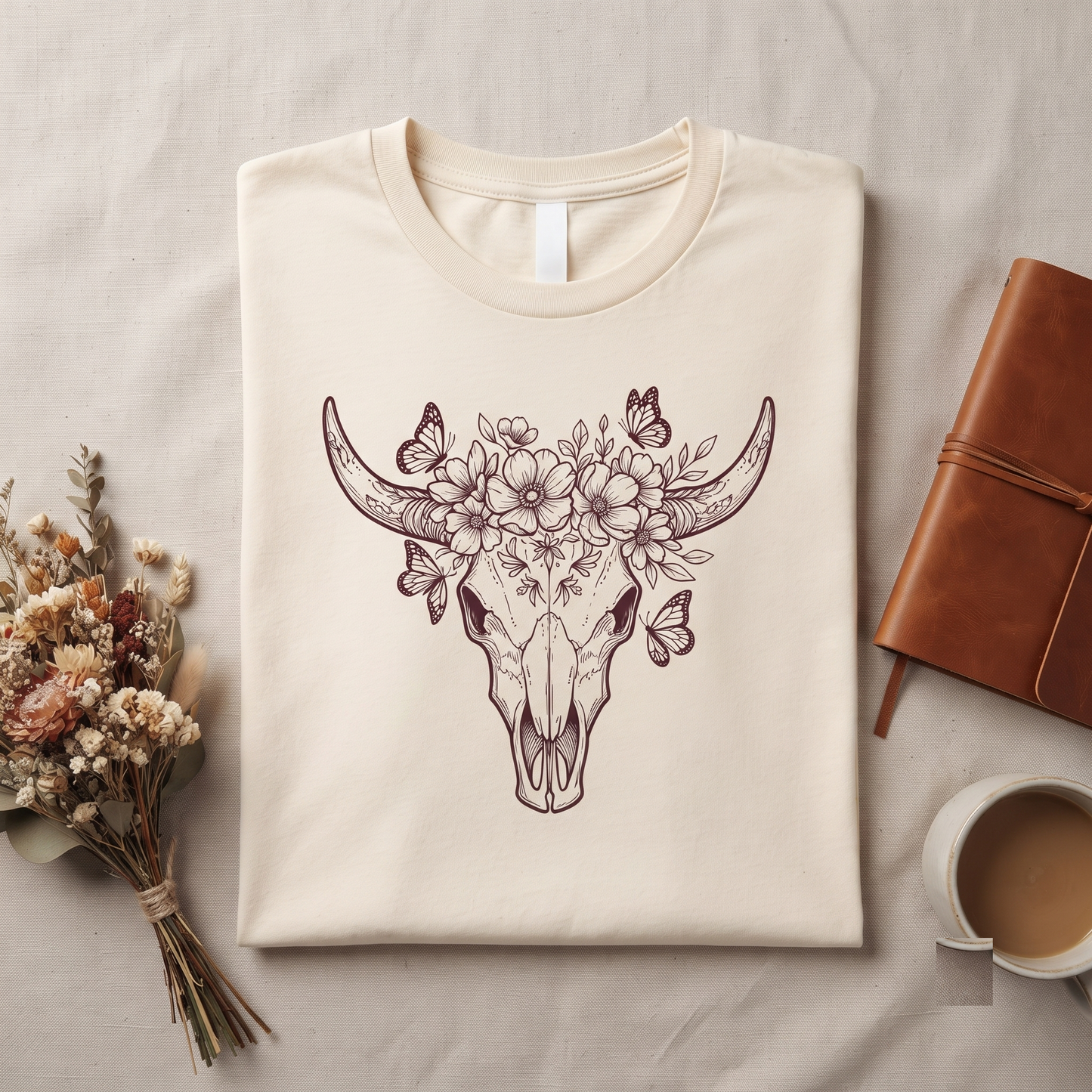 Floral Bull Skull Shirt, Wildflower Cow Skull Graphic Tee, Boho Western Hoodie