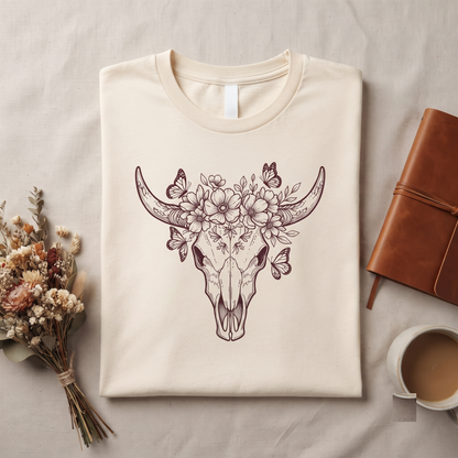 Floral Bull Skull Shirt, Wildflower Cow Skull Graphic Tee, Boho Western Hoodie