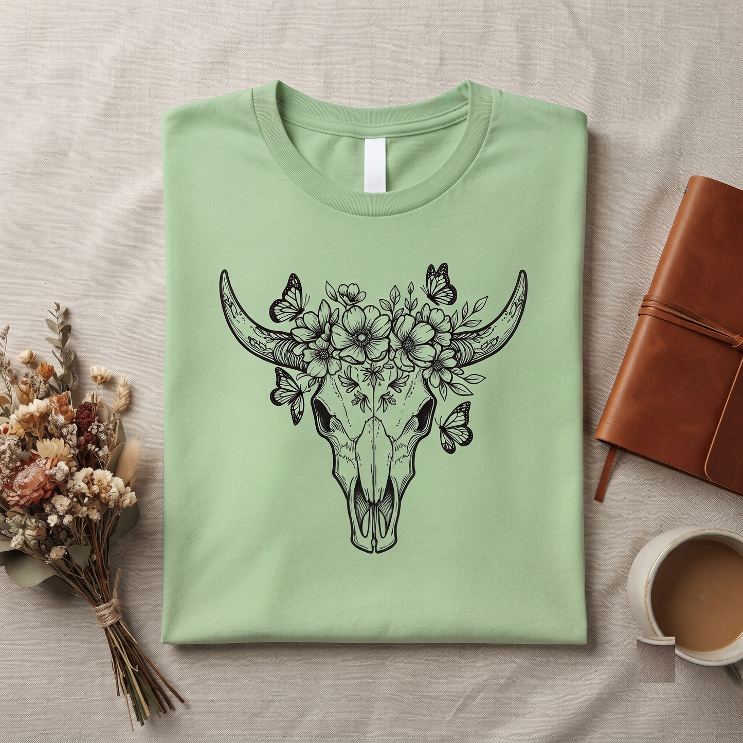 Floral Bull Skull Shirt, Wildflower Cow Skull Graphic Tee, Boho Western Hoodie