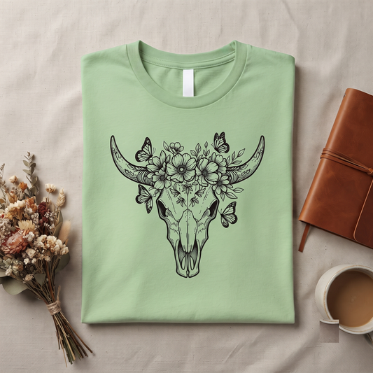 Floral Bull Skull Shirt, Wildflower Cow Skull Graphic Tee, Boho Western Hoodie